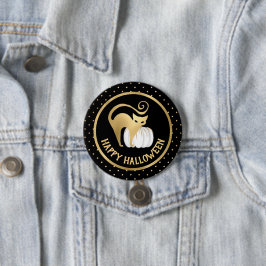 Bóton Redondo 7.62cm Abóbora branca e gato dourado bolinhas de Hallowee