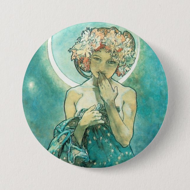 Bóton Redondo 7.62cm Alphonse Mucha Moonlight Clair De Lune Art Nouveau (Frente)