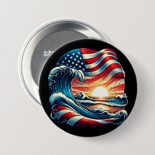 Bóton Redondo 7.62cm American USA Flag Beach Wave Sunset Patriset Art