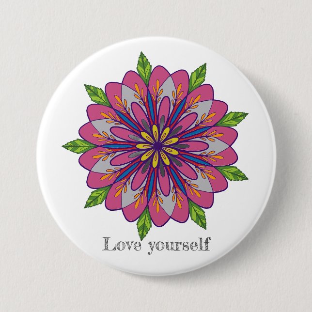 Bóton Redondo 7.62cm Amor próprio flores mandala (Frente)