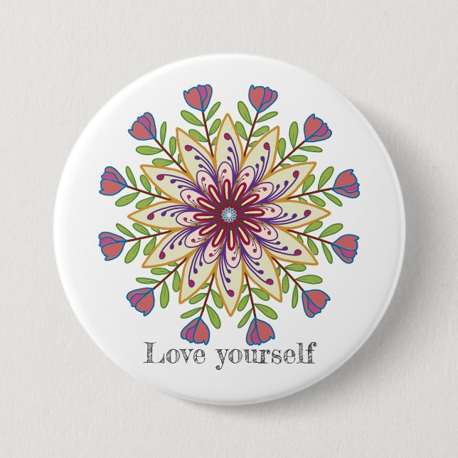 Bóton Redondo 7.62cm Amor próprio flores mandala (Frente)