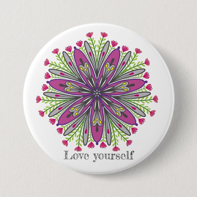 Bóton Redondo 7.62cm Amor próprio flores mandala (Frente)