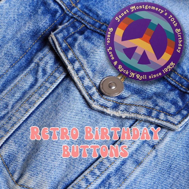 Bóton Redondo 7.62cm Aniversário do Baby Boomer do Retro Hippie 60 (Retro hippie peace sign custom birthday party buttons )