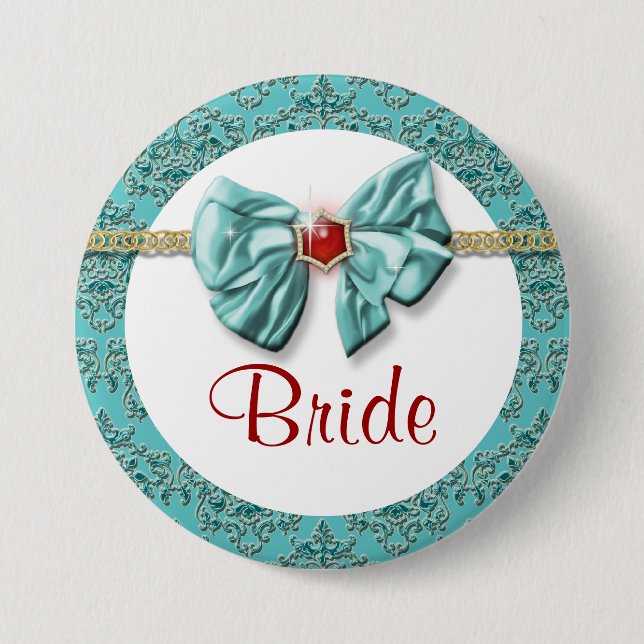Bóton Redondo 7.62cm Aqua red gold damask "bridal button" (Frente)