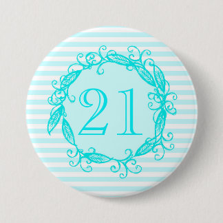 Bóton Redondo 7.62cm Aqua Swirly branco azul do aniversário de 21 anos
