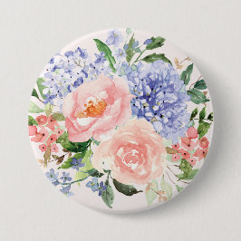 Bóton Redondo 7.62cm Aquarela Floral Azul Rosa Hydrangea Peônia Primave