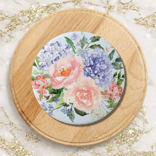 Bóton Redondo 7.62cm Aquarela Floral Azul Rosa Hydrangea Peônia Primave
