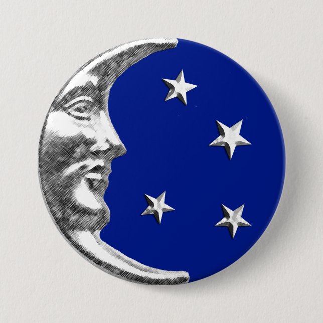 Bóton Redondo 7.62cm Arte Deco Moon e Estrelas - Azul Cobalto e Prata (Frente)