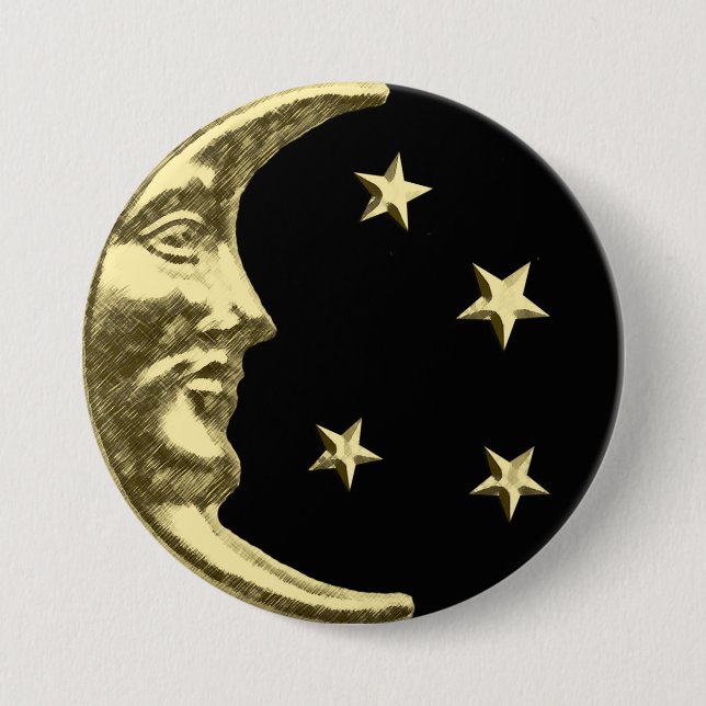 Bóton Redondo 7.62cm Arte Deco Moon e Estrelas - Preto e Dourado (Frente)