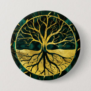 Bóton Redondo 7.62cm Árvore de vida dourada Yggdrasil na malaquite