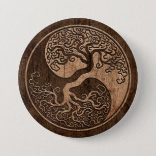 Bóton Redondo 7.62cm Árvore de vida Yin Yang com efeito de madeira da