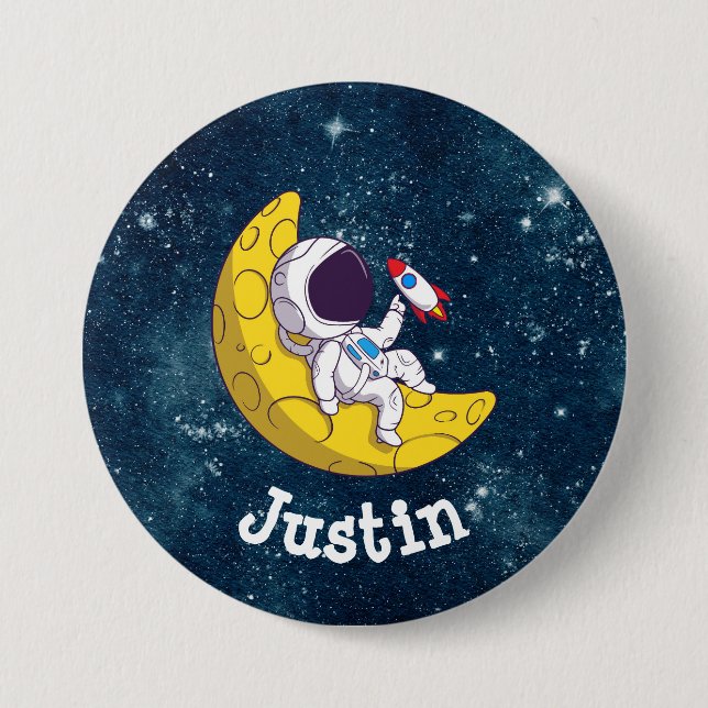 Bóton Redondo 7.62cm Astronauta Personalizado na Lua com Foguete (Frente)