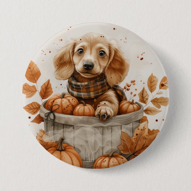 Bóton Redondo 7.62cm Autumn Dachshund Dogs Pumpkin (Frente)