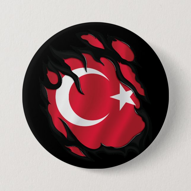 Bóton Redondo 7.62cm Bandeira Rasgada da Turquia (Frente)
