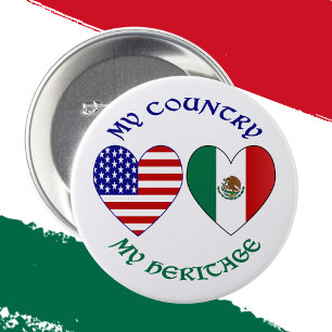 Bóton Redondo 7.62cm Bandeiras do México EUA Corações Meu País Minha He