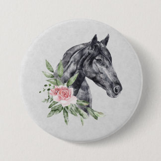 Bóton Redondo 7.62cm Belo Retrato de Cabeça de Cavalo Negro Aquarela