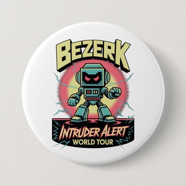 Bóton Redondo 7.62cm Bezerk Intruder Alert World Tour Retro Arcade  (Frente)