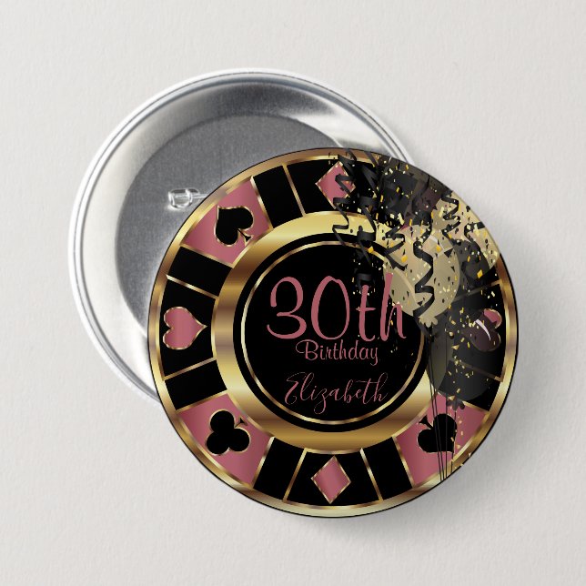 Bóton Redondo 7.62cm Birthday Casino Poker Chip - Rosa (Frente & Verso)