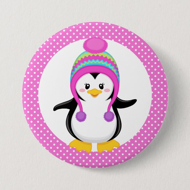 Bóton Redondo 7.62cm Bolinhas rosa Menina de Pinguim (Frente)