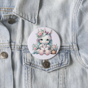 Bóton Redondo 7.62cm Boneca Pastel Kawaii Unicórnio com Cesto de Flores