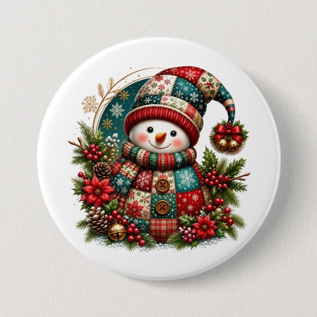 Bóton Redondo 7.62cm Boneco de Neve de Patchwork de Natal (Frente)