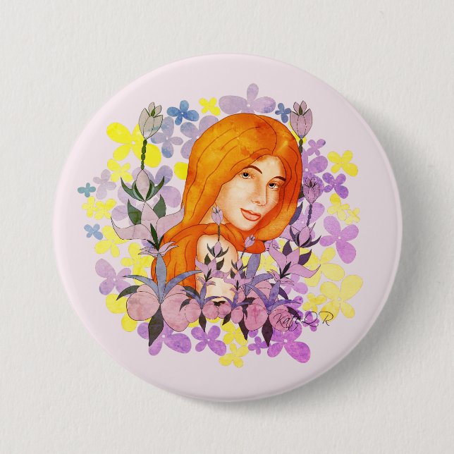 Bóton Redondo 7.62cm Bonita ruiva no jardim. Aquarela (Frente)