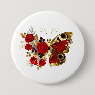 Bóton Redondo 7.62cm Borboleta de flor vermelha com rosas vermelhas