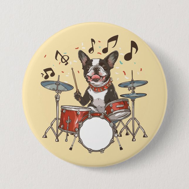 Bóton Redondo 7.62cm Boston Terrier Dog Playing Drums (Frente)