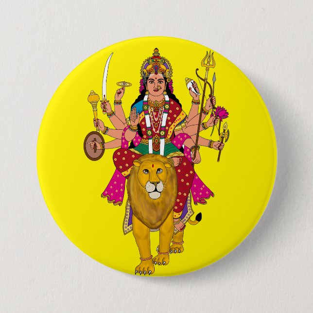 Bóton Redondo 7.62cm Botão da Deusa Durga – Divina Devi Hindu Espiritua (Frente)