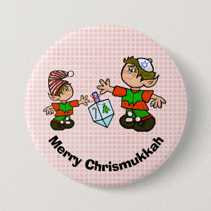 Bóton Redondo 7.62cm Botão Elf Judeu e Dreidel Chrismukkah