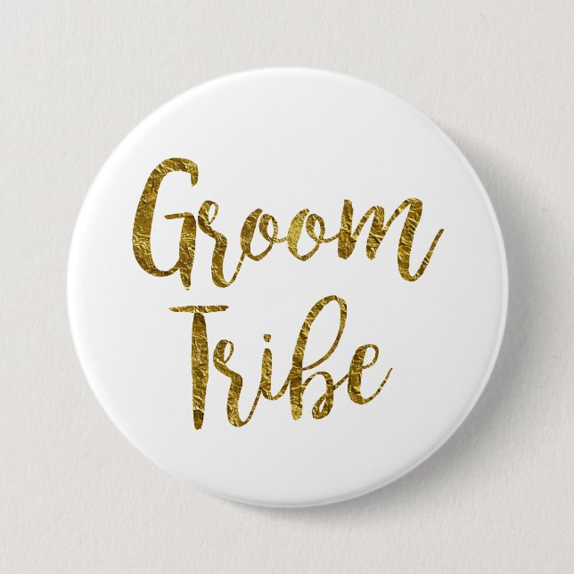 Bóton Redondo 7.62cm Botão GroomTribe de Script Branco e Dourado (Frente)