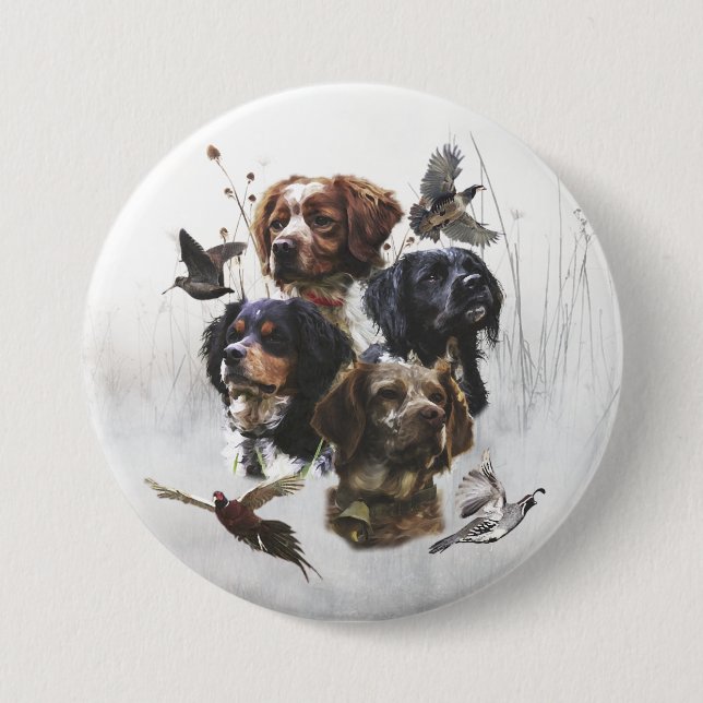Bóton Redondo 7.62cm Brittany Spaniels , Estação de Caça de Pássaros (Frente)