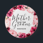 Bóton Redondo 7.62cm Burgundy e Pink Floral Wreath Mãe da Noite<br><div class="desc">Chic Burgundy Verde & Blush Pink Watercolor Wreath Floral Wreath Casado Monograma Verão ou Flores Spring com Aquarela verde,  Fontes Modernas e Script e elegante design floral. Trendy e Chic Wedding Mãe do botão do Groom! Veja meu compro para ver a suíte de casamento inteira para este design!</div>