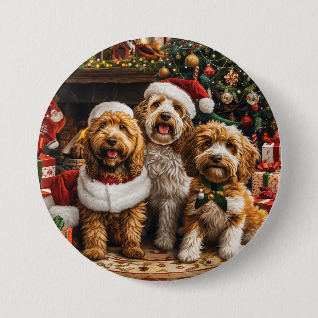 Bóton Redondo 7.62cm Cachorro de Goldendoodle de Natal (Frente)