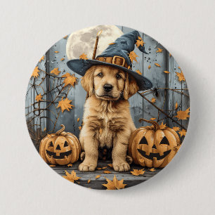 Bóton Redondo 7.62cm Cachorro Golden Retriever de Halloween Abóboras de