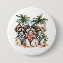 Bóton Redondo 7.62cm Cães Shih Tzu Vestindo Camisas Havaianas