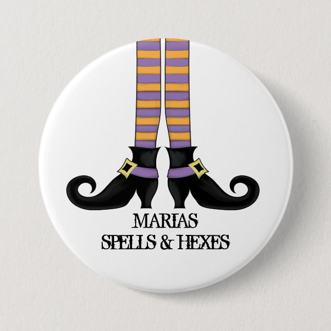 Bóton Redondo 7.62cm Calçados de bruxas brancas com faixa roxa e laranj (Frente)