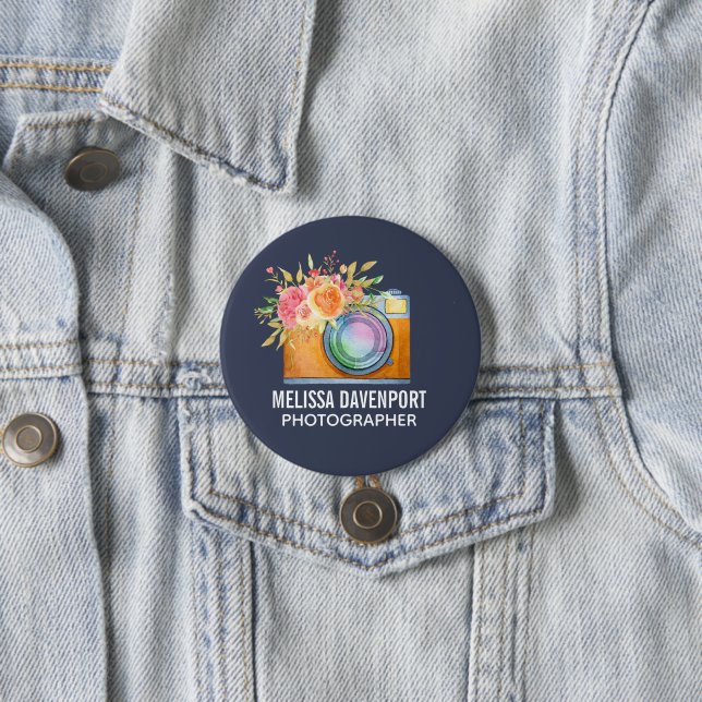 Bóton Redondo 7.62cm Câmera Laranja Boho e Buquê Floral Aquarela (In Situ)