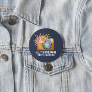 Bóton Redondo 7.62cm Câmera Laranja Boho e Buquê Floral Aquarela