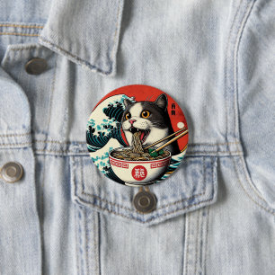 Bóton Redondo 7.62cm Camiseta Estilo Vintage de Arte Japonês Cat Ramen