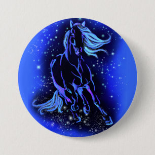 Bóton Redondo 7.62cm Cavalo Azul Neon Correndo À Lua À Noite Estrelada