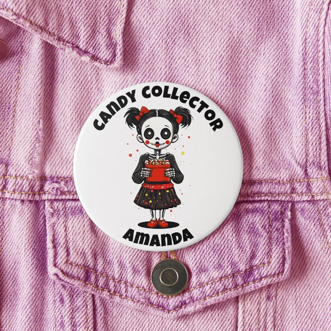 Bóton Redondo 7.62cm Coletor de Doces Bonitos Skeleton Girls Halloween (Cute Candy Colloector Skeleton Girls Halloween Button)