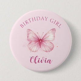 Bóton Redondo 7.62cm Crachá de Garota de Aniversário da Borboleta Rosa