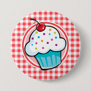 Bóton Redondo 7.62cm Cupcake bonito em Gingham Branco e Vermelho