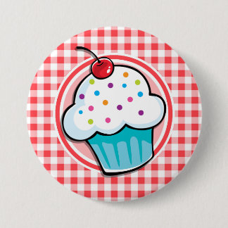Bóton Redondo 7.62cm Cupcake bonito em Gingham Branco e Vermelho