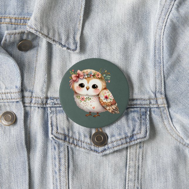Bóton Redondo 7.62cm Cute Floral Owl with Bow (In Situ)