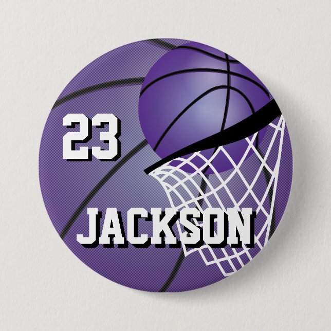 Bóton Redondo 7.62cm Design de basquete roxo | Personalizar (Frente)