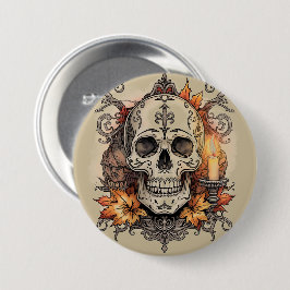 Bóton Redondo 7.62cm Dia das Bruxas, Padrão de Caveira, Calavera à Luz 