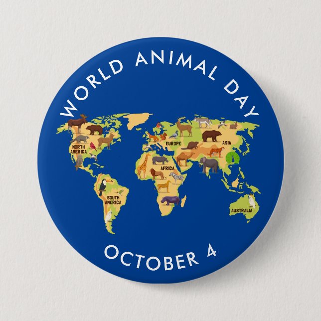 Bóton Redondo 7.62cm Dia Mundial dos Animais, mapa dos animais (Frente)