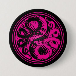 Bóton Redondo 7.62cm Dragões cor-de-rosa e pretos do chinês de Yin Yang